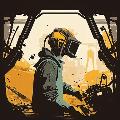 excavator cockpit, worker wearing vr headset, virtual reality hmd, poster, simplistic, abstract, vector, 2d illustration, clipart, few colors