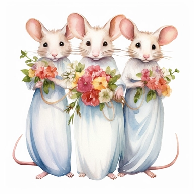 clipart of a mice bridesmaids in white dress, by martha morrison 0 12, in the style of fantasy characters, beatrix potter, magali villeneuve, playful character design, colorful costumes, clipart, white background, svg graphics