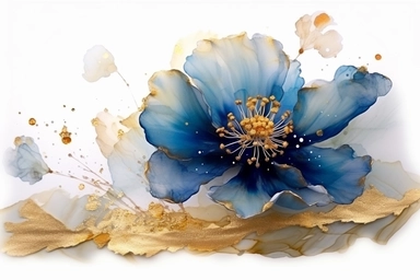 beautiful gorgeous alcohol ink of gold serene nature scene with a central focus on a navy flower. gentle wave , minimalist style, crystals, glam, glossy, glitter texture, liquid ink clipart, modern and stylish design, bright colors, 300 dpi, clear decoration, clear white background, highly detailed digital art, 8k