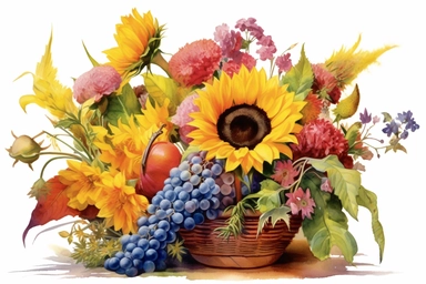 Hydrangea, Sunflowers, Gladiolus, and Dahlias watercolor flowers in a cornucopia, clipart, vibrant multicolored, aesthetic, realistic detail, white background