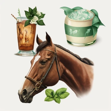 three clipart images in a row, a bowtie, a mint julep and horse for the kentucky derby