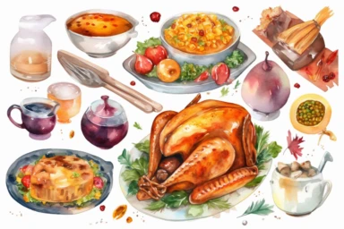 watercolor roast turkey, turkey stuffing with onions and celery, mashed potatoes, gravy, green beans, corn, dinner rolls ,cranberry sauce, and pumpkin pie, clipart art, hd, on white background, spaced out