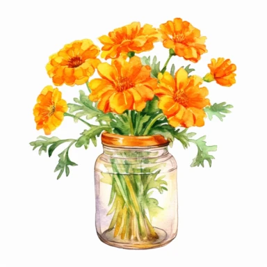 one transparent glass jar Marigold Flower Watercolor Clipart plants plant clipart on a white background, in the style of traditional oil paintings, yellow and orange, ferrania p30, aquarellist, flower patterns, dansaekhwa, high resolution , no watermark, text, 300 DPI , typography, shapes do not stick together, no text in the picture, on a white background
