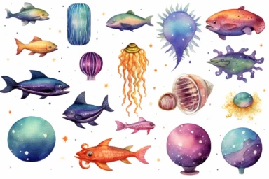 Watercolor, Craft a planet with bioluminescent oceans, shimmering with vibrant marine life clipart, hd, on a white background, spaced out