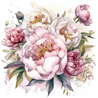 a bouquet with a few peonies clipart with white background, unimaginable beauty,white with little pink details in the centre of the bloom,An illustration clipart painted by ann buccarelli, watercolour, combo pale colours, insanely detailed, on white background, amazing colour combo, with detailed watercolor bloom, white/ yellow pale/ green, bec winnel, intricately textured, close up, walter Langley, lucy grossmith, heavy impasto technique, detailed shading, atmospheric watercolours, on white bac