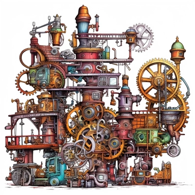 Clipart. White background: In a bustling workshop adorned with shelves of magical artifacts and complex machinery, a collection of whimsical steampunk contraptions takes center stage. Gears, cogs, and valves intertwine with enchanting symbols, infusing the mechanical devices with the power of magic. The foreground showcases the intricate details and fantastical designs of the contraptions, each one uniquely crafted and powered by the whimsical fusion of magic and steampunk aesthetics. The backgr