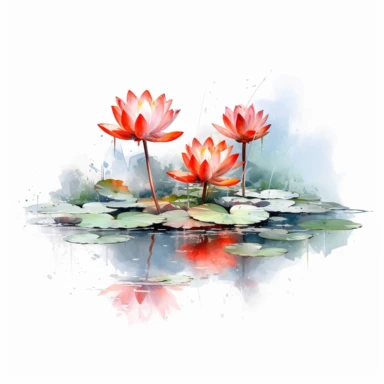 lotus flowers with red blossoms floating on the water artistic watercolor with a delicate touch with shadow gradation white background clipart high quality 8k hyper detailed