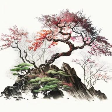 Watercolor, Japanese Maple Trees, old, long branches, Clipart, springtime japanese trees, forest, grass, rocks, white background