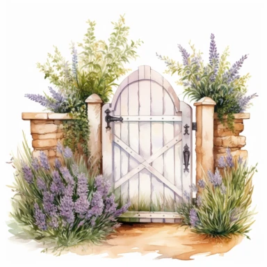 hand drawn opened white country garden gate with rosemary beside it, inside is an herb garden with lavender up front, glamorous, very detailed and realistic , watercolor, white background with margins, clipart style