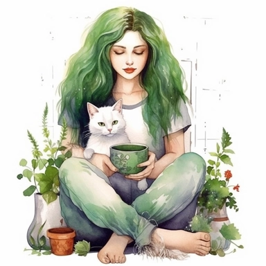 A boho style realistic cute boho girl with a cute white cat at the boho style home with watercolor effect,boho style tools,boho style big window,boho style details,boho colors,suitable for digital clipart,white background,boho style green plants,boho flowers,realistic features