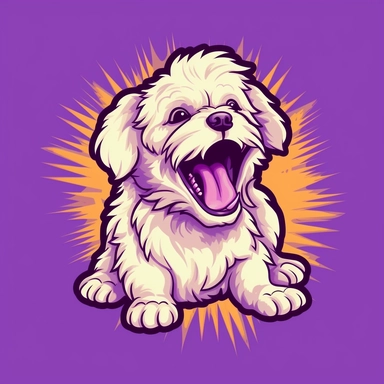 create a illustration clipart of a cute dog barking funny, vibrant colours, solid purple background