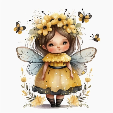 A cute little fairy in bumblebee dress, isolated subject, folklore artstyle, watercolor clipart, whitebackground