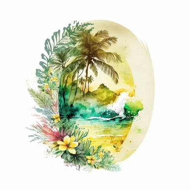 Watercolor Pastel yellov and green Hawaii Clipart - watercolor surfing tropical island on white background