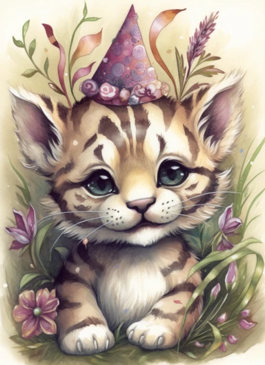 clipart,a cute little tiger in a field with a party hat on its head and a bandana on its neck,in the style of jody bergsma, 32k uhd, hand-painted details, charming character illustrations, dark brown and light beige, Fuchsia/green, aquarellist, hd , white background clipart