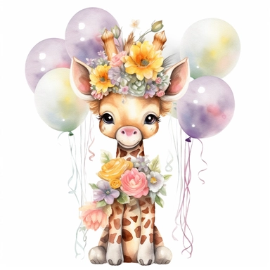 baby giraffe nursery full body watercolor style clipart, happy, with floral crown on head, Disney style, holding balloons