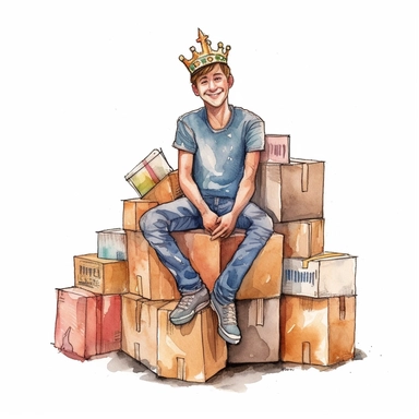 watercolor clipart of a happy Etsy seller on a throne of shipping boxes