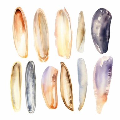 watercolour illustration style of different razor clam shells isolated on white background for clipart, 8k