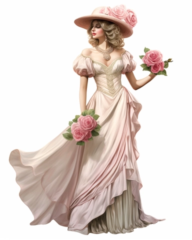 detailed beautiful lady standing up with vintage hat with pink roses dressed in a vintage dress, hyper realistic, 8k, isolated on white backgorund, clipart