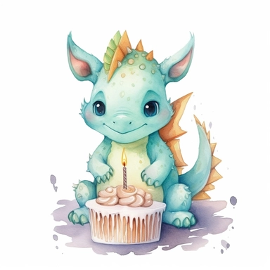 Cute happy Watercolor cake Baby Dragon Clipart, on a white background