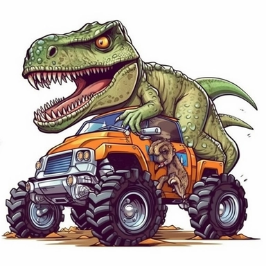 cartoon, isolated, cute Monster Truck And T-Rex Dinosaur, clipart, isolated vector, full body, white background, outline, werneer style