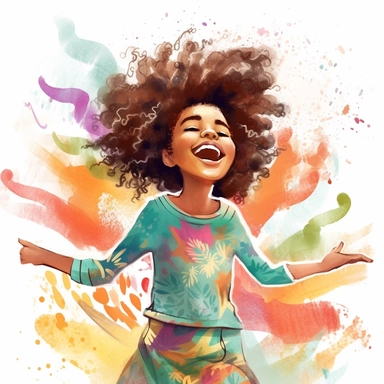 A joyful clipart portraying an African American girl with a charmingly textured hairstyle, adorned in fashionable and whimsical garments, set against a high-resolution and grey background, brought to life with the vibrant colors and free-flowing brushstrokes of a watercolor art style,