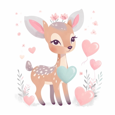 baby deer with hearts clipart, vector cartoon nursery illustration, flat illustration, pastel colors, white background, very low detail, ar 2:3