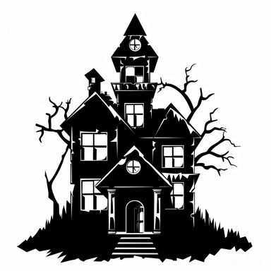 halloween hunted house clipart, black color, white background, minimalistic drawing