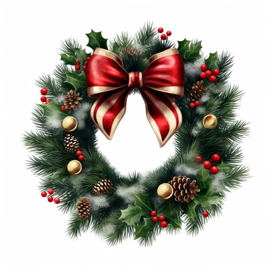 christmas pine and red bow wreath clipart, white background