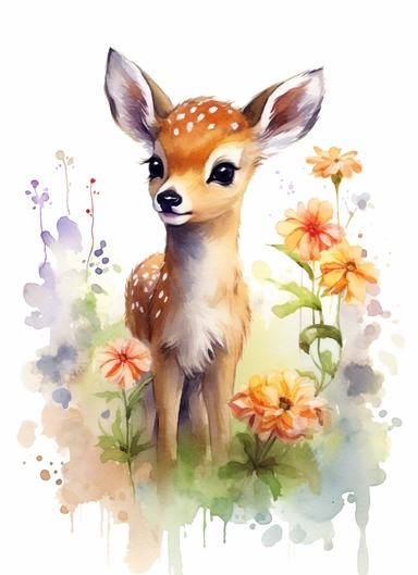 baby deer on a flower field, in the style of 2d game art, nostalgic paintings, 32k uhd, colorful dreamy watercolor scenes, adventure pulp, classical, historical genre scenes, rough-edged 2d animation, watercolor clipart, white background