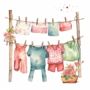 whimsical watercolour cute clip art laundry line with clothes