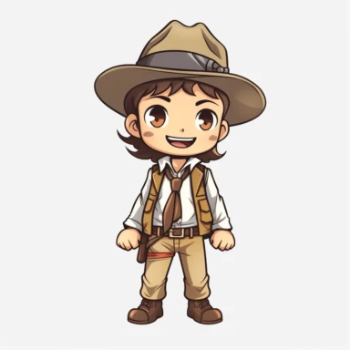 young indiana jones, full body, standing, happy, bright colored, clipart, kawaii, black outline, white background