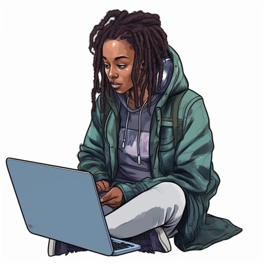 Black girl working on a laptop, cool hacker clothes, dreads, watercolor style, clipart solid white background
