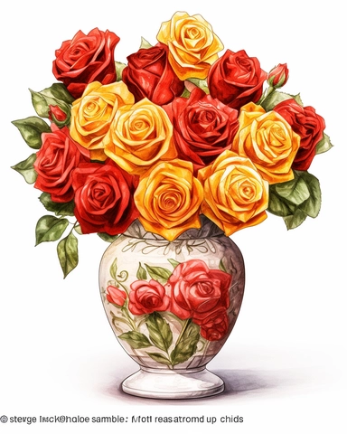 Watercolor clipart of a vase with mix of various colors of roses like orange + red + yellow + white , isolated from solid white background, 8k, intricate details, boardwalk colors