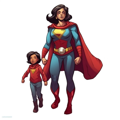 a comic-style, clipart image (floating image), full body image of a latina mother and child duo where the child is the superhero's sidekick, wearing super suits, please leave out the superman logo