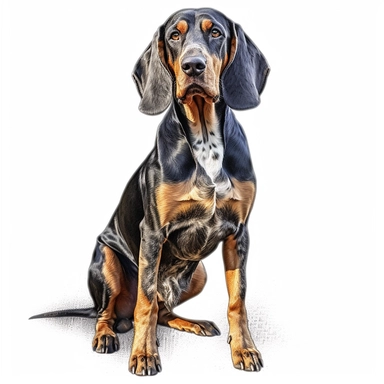 black and tan coonhound in the style of digital airbrushingsitting realistic yet stylized, digitally enhanced, clipart, 32k uhd, detailed crosshatching white background