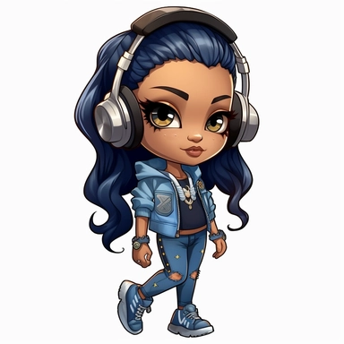 hip hop girl, wearing headphones, high heels, blue jeans, Coiled Bun, clipart, transparent, wearing jewelry, clip art, as a Inspired Chibi and Kawaii Style
