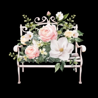 a set of unique EFFERVESCENT watercolor-style clip art images of white garden bench against a black background, The overall mood of the images should be a fantasy floral wonderland, with a focus on the beauty and fantasy of gardening and beauty, and the elegance of blush roses and whimsical designs. single design clip art, think French garden in the springtime, watercolor blush rose Garden Clipart, in the style of Leonid Afremov, each image must be on a black background with margins, each image 