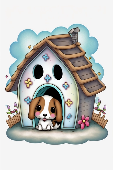 clipart with white background of a doghouse in the style of mystical fantasy, magical, kawaii style