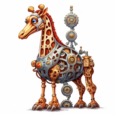 friendly giraffe with cute eyes, standing up, in the style of steampunk, clipart, white background, lots of cogs