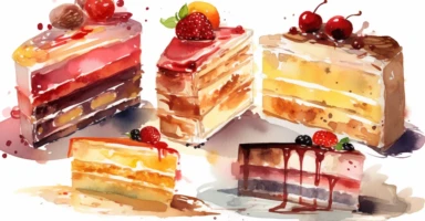 water color clipart some slices of cake with cheese and fruit tucked in, in the style of layered gestures, red and brown, multilayered, intense close-ups, bloomcore, ferrania p30, magewave