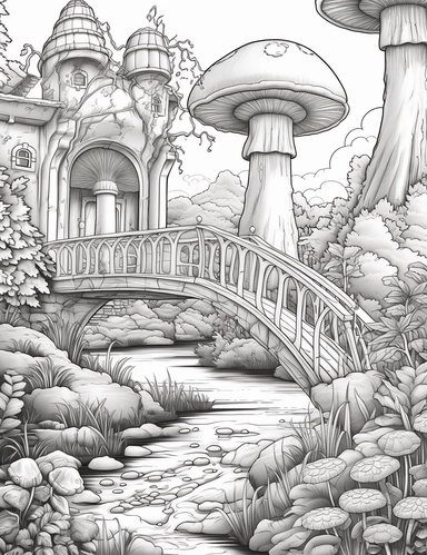 coloring book page, isolated images, illustrations on a white background, Enchanted Forest, waterfall, mushrooms, castle, Clipart, Fairy Forest, greatest for coloring , coloring book page, realistic, bridge, isolated, fussy cuts, highly detailed, hdr, 32K, photo expert quality, coloring book page, realistic, hyperrealistic and highly detailed, isolated on a white background