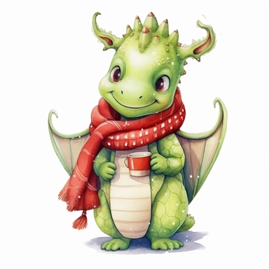 cute funny avocado green dragon, red cardigan, snowman, winter, style by Lusy Fleming, folk art, watercolor, clipart elements, smooth gradients, black contour outline, ultra detailed, white background, super clear, high quality