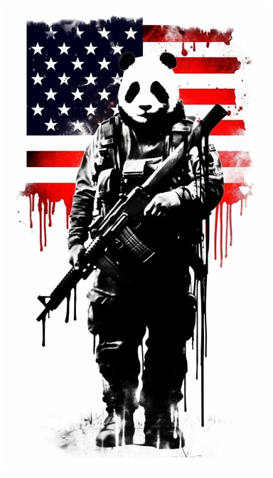 Panda dressed as a graffiti artist in combat clothes holding a gun black and white, silhouette of American flag background, minimalist clip art by Mr. Brainwash