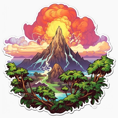 volcano erupting, close up, a sticker, artwork of t shirt graphic of majestic forest, in digital painting style , beautiful flowers, sunset mountains and clouds , big vines, stone temple covered in vines, white background, colorful fantasy flower surround, highly detailed clean, vector image, photorealistic masterpiece, professional photography, realistic, flat white background, isometric, vibrant vector, clipart, illustration, realism, 4k, , cinematic, front view, white background, paradise, ex