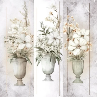 scrapbook paper template, intricate three small bouquets of white floral watercolor clipart on the borders on paper, luxurious textures, nature-inspired pieces, very high resolution