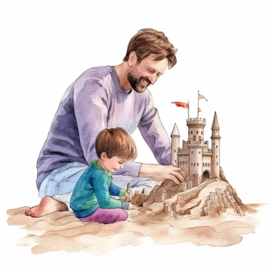 A father and son building a sandcastle on the beach, Watercolor, Clipart, detailed, high resolution, transparent background PNG