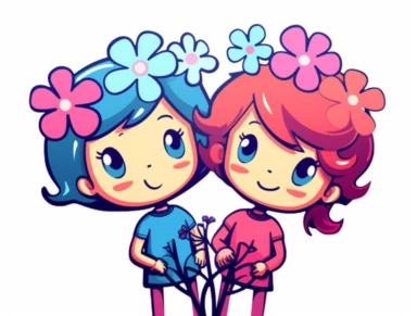 cartoon children with flowers drawn from clipart, in the style of dark pink and light blue, 32k uhd, free-flowing lines, logo, danish design, schoolgirl lifestyle, close up