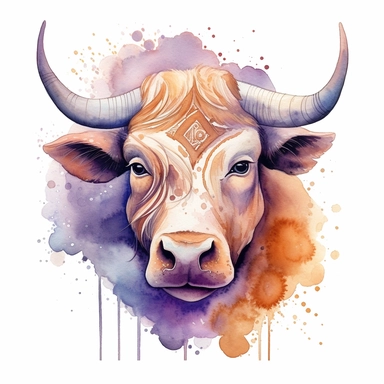 Taurus zodiac sign, in the style of highly detailed illustrations, light violet and amber, smooth and polished, watercolor by Thomas W. schaller, clipart, transparent layers, eye-catching, white background