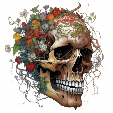 Develop a clipart image that portrays a human skull enveloped in a vibrant tapestry of intertwining flowers, dead leaves and tree branches reflecting Enki Bilal's artistic sensibilities. The flowers should weave in and out of the skull's eye sockets, nose, and mouth, suggesting a seamless connection between life and death. Use a white background to emphasize the rich watercolor hues and the intricate floral patterns.