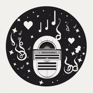 clipart representing 70s music, with a jukebox and hearts in the centre. Beautiful, flat, classic style, black and white, round image border